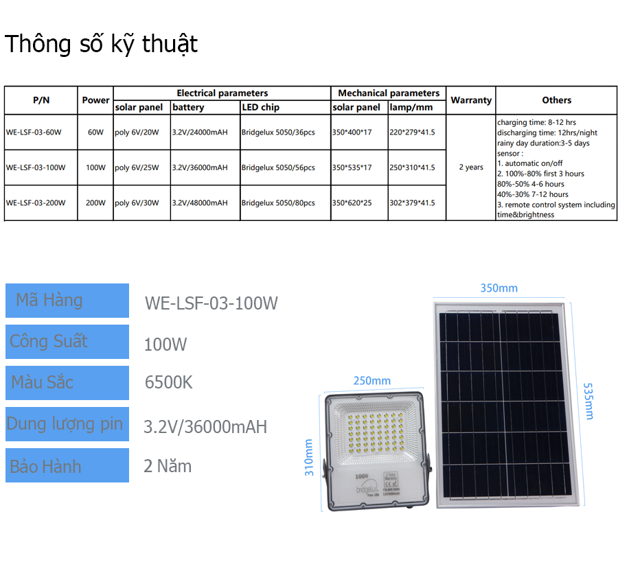 Đèn LED Pha Năng Lượng Mặt Trời 200W